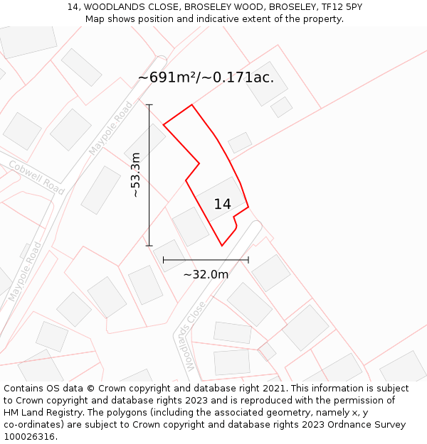 14, WOODLANDS CLOSE, BROSELEY WOOD, BROSELEY, TF12 5PY: Plot and title map