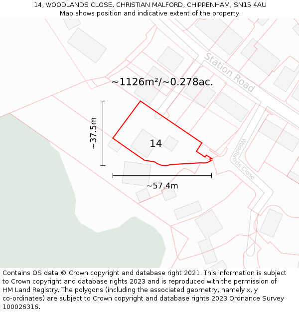 14, WOODLANDS CLOSE, CHRISTIAN MALFORD, CHIPPENHAM, SN15 4AU: Plot and title map