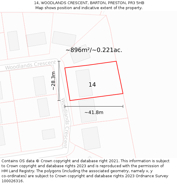 14, WOODLANDS CRESCENT, BARTON, PRESTON, PR3 5HB: Plot and title map