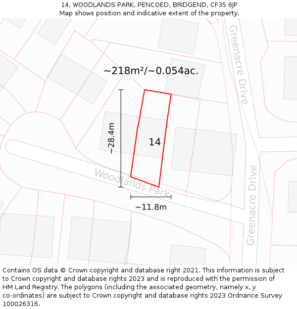 14, WOODLANDS PARK, PENCOED, BRIDGEND, CF35 6JP: Plot and title map
