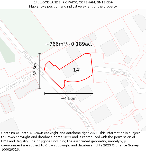 14, WOODLANDS, PICKWICK, CORSHAM, SN13 0DA: Plot and title map