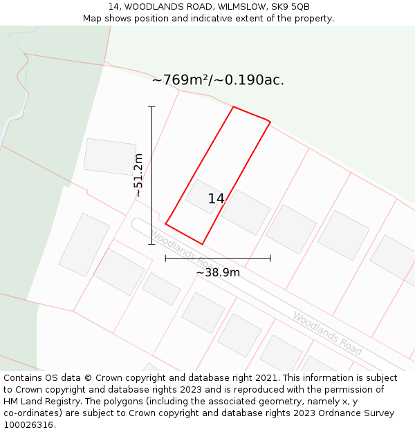 14, WOODLANDS ROAD, WILMSLOW, SK9 5QB: Plot and title map