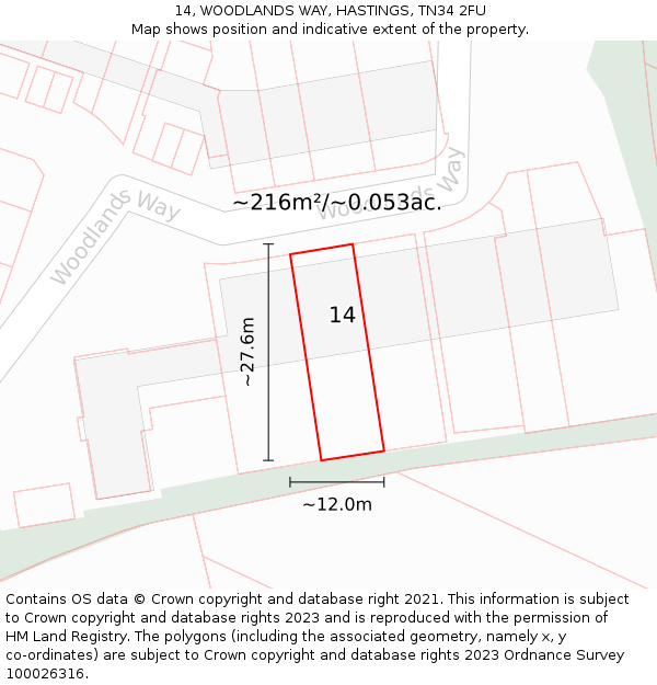 14, WOODLANDS WAY, HASTINGS, TN34 2FU: Plot and title map