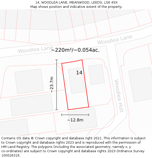 14, WOODLEA LANE, MEANWOOD, LEEDS, LS6 4SX: Plot and title map