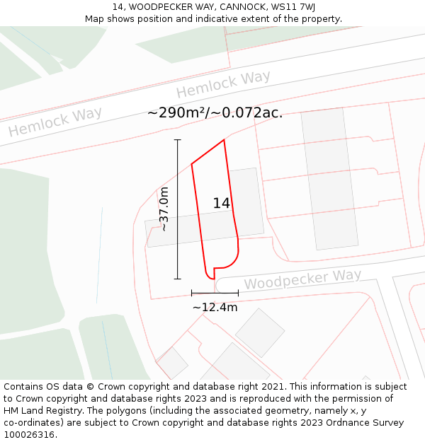 14, WOODPECKER WAY, CANNOCK, WS11 7WJ: Plot and title map