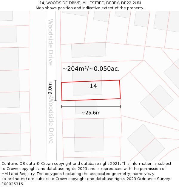 14, WOODSIDE DRIVE, ALLESTREE, DERBY, DE22 2UN: Plot and title map