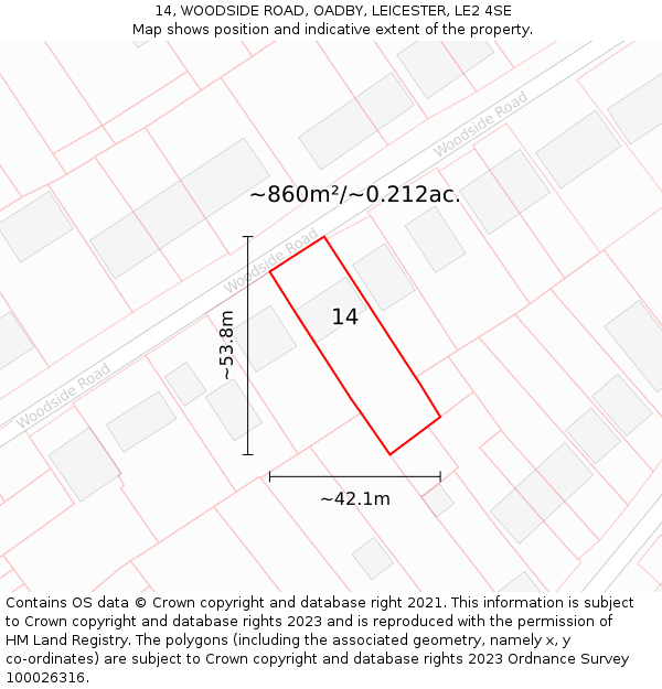 14, WOODSIDE ROAD, OADBY, LEICESTER, LE2 4SE: Plot and title map