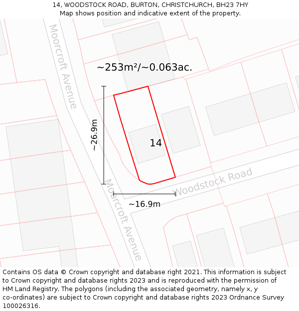 14, WOODSTOCK ROAD, BURTON, CHRISTCHURCH, BH23 7HY: Plot and title map