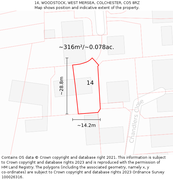 14, WOODSTOCK, WEST MERSEA, COLCHESTER, CO5 8RZ: Plot and title map