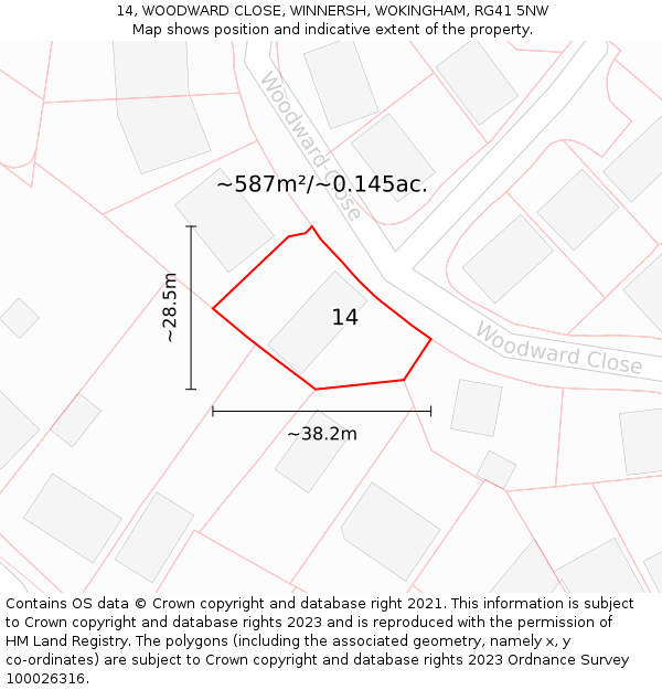 14, WOODWARD CLOSE, WINNERSH, WOKINGHAM, RG41 5NW: Plot and title map