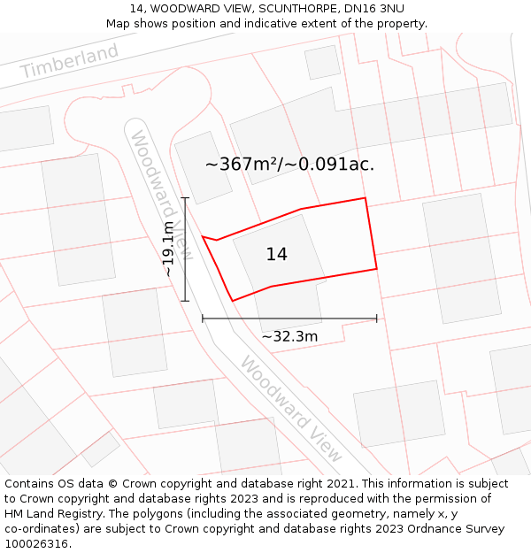 14, WOODWARD VIEW, SCUNTHORPE, DN16 3NU: Plot and title map
