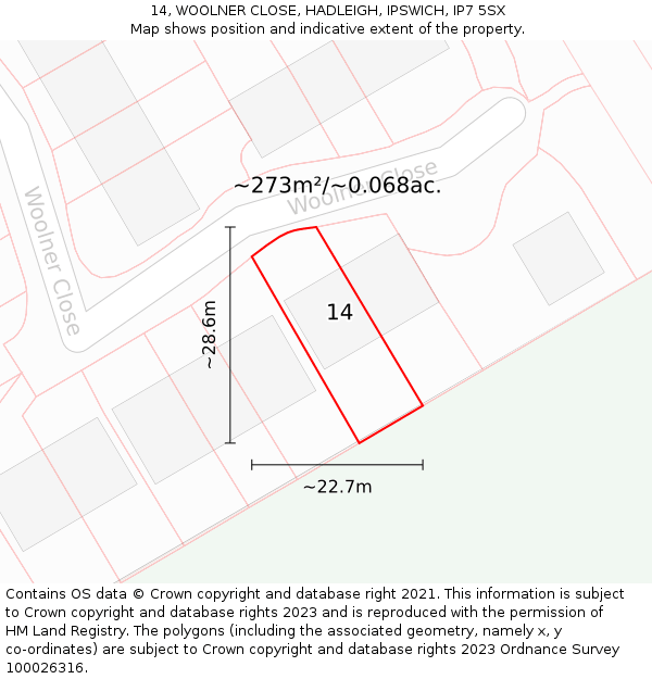 14, WOOLNER CLOSE, HADLEIGH, IPSWICH, IP7 5SX: Plot and title map