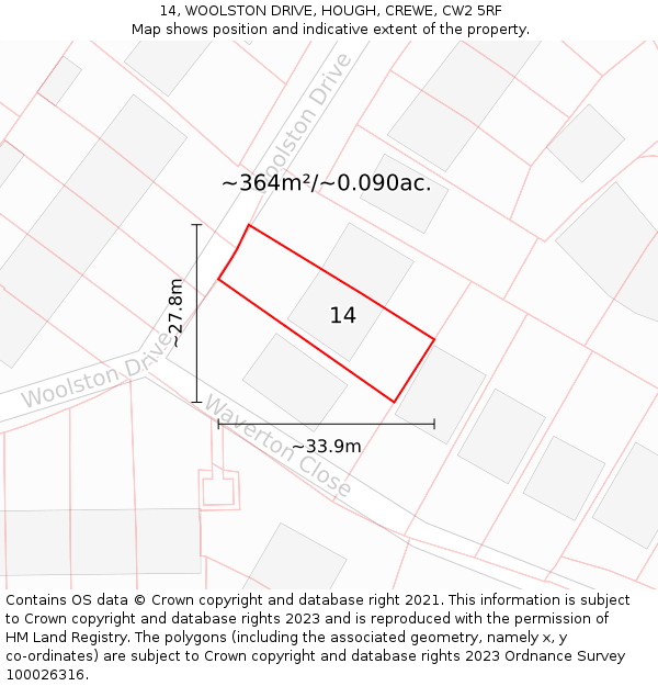 14, WOOLSTON DRIVE, HOUGH, CREWE, CW2 5RF: Plot and title map