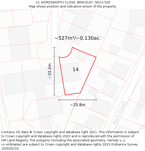 14, WORDSWORTH CLOSE, BRACKLEY, NN13 5GF: Plot and title map