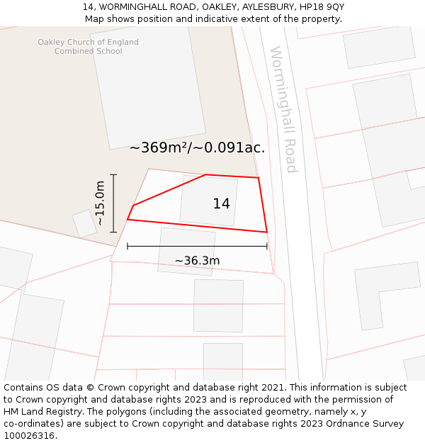 14, WORMINGHALL ROAD, OAKLEY, AYLESBURY, HP18 9QY: Plot and title map