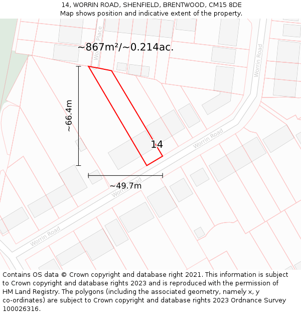 14, WORRIN ROAD, SHENFIELD, BRENTWOOD, CM15 8DE: Plot and title map