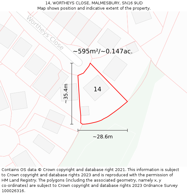 14, WORTHEYS CLOSE, MALMESBURY, SN16 9UD: Plot and title map