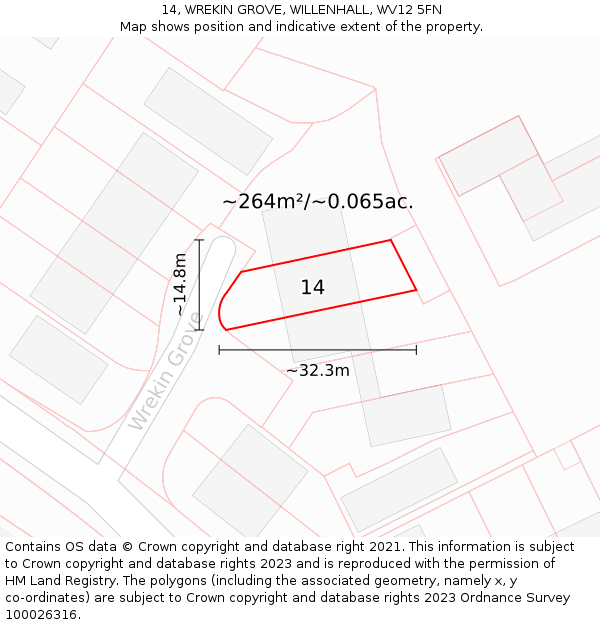 14, WREKIN GROVE, WILLENHALL, WV12 5FN: Plot and title map