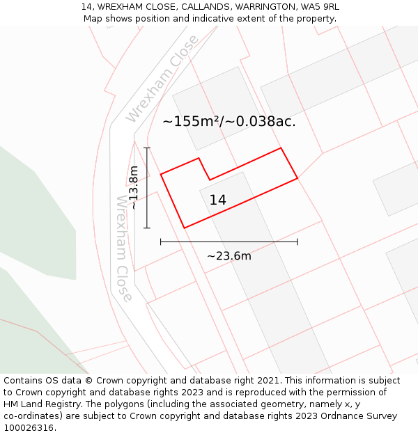 14, WREXHAM CLOSE, CALLANDS, WARRINGTON, WA5 9RL: Plot and title map
