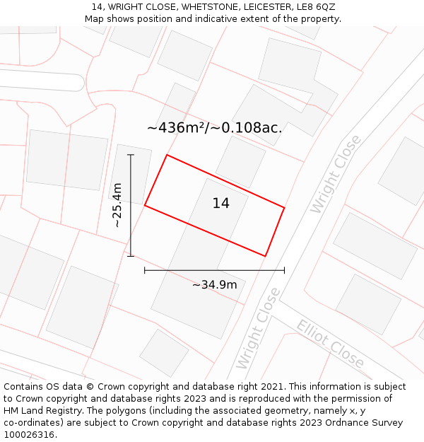 14, WRIGHT CLOSE, WHETSTONE, LEICESTER, LE8 6QZ: Plot and title map