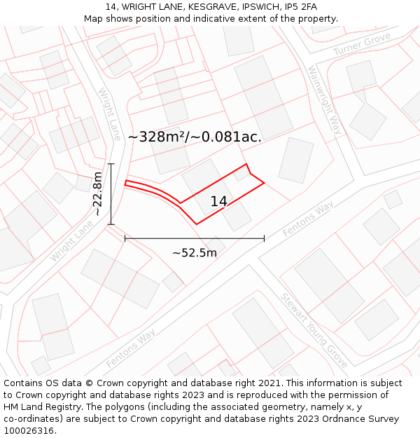 14, WRIGHT LANE, KESGRAVE, IPSWICH, IP5 2FA: Plot and title map