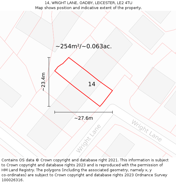 14, WRIGHT LANE, OADBY, LEICESTER, LE2 4TU: Plot and title map