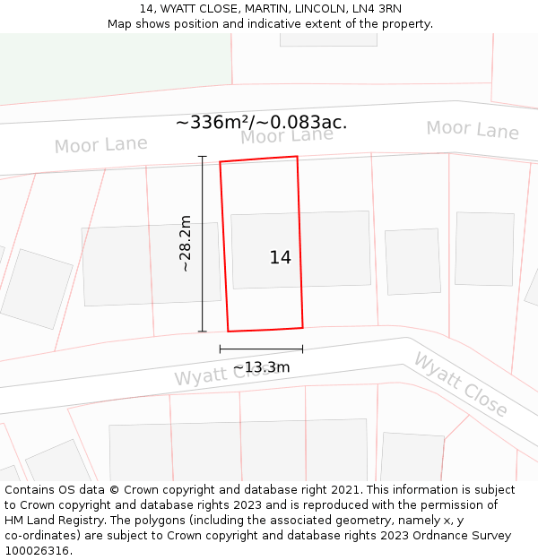 14, WYATT CLOSE, MARTIN, LINCOLN, LN4 3RN: Plot and title map