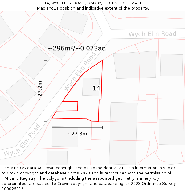 14, WYCH ELM ROAD, OADBY, LEICESTER, LE2 4EF: Plot and title map