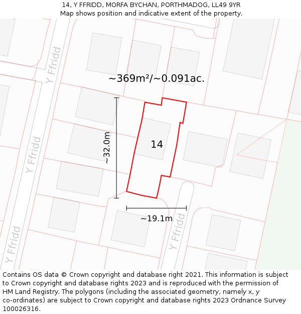 14, Y FFRIDD, MORFA BYCHAN, PORTHMADOG, LL49 9YR: Plot and title map