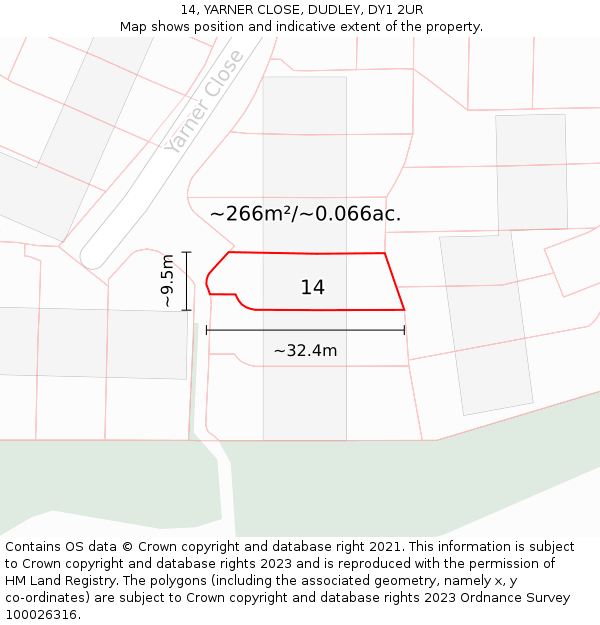 14, YARNER CLOSE, DUDLEY, DY1 2UR: Plot and title map