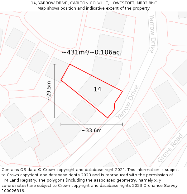 14, YARROW DRIVE, CARLTON COLVILLE, LOWESTOFT, NR33 8NG: Plot and title map