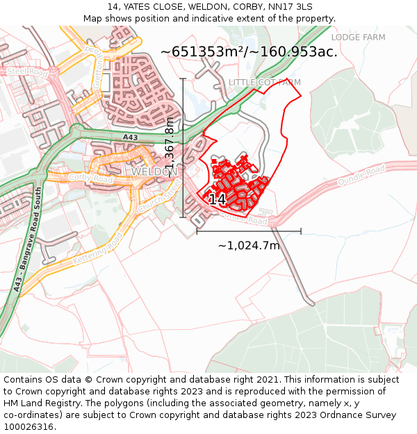 14, YATES CLOSE, WELDON, CORBY, NN17 3LS: Plot and title map