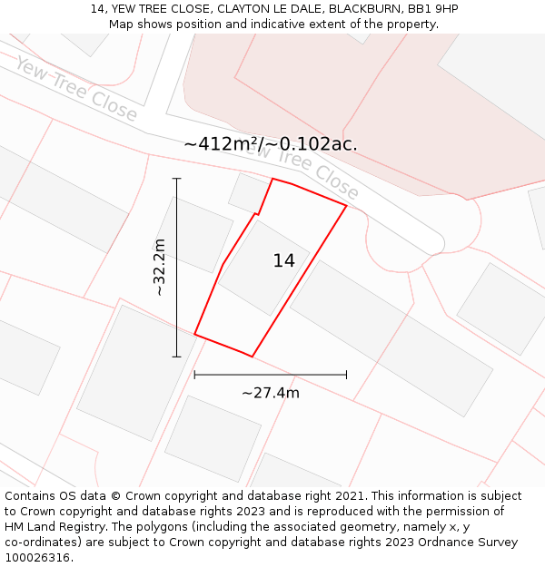14, YEW TREE CLOSE, CLAYTON LE DALE, BLACKBURN, BB1 9HP: Plot and title map