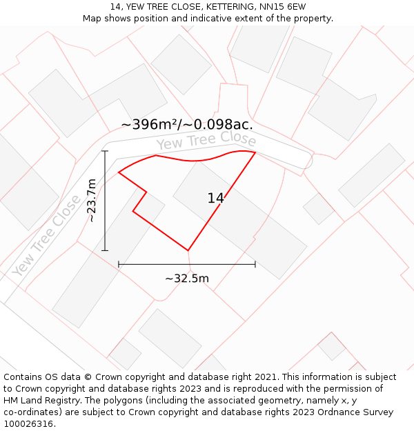 14, YEW TREE CLOSE, KETTERING, NN15 6EW: Plot and title map