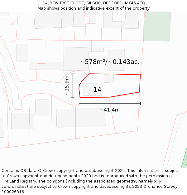 14, YEW TREE CLOSE, SILSOE, BEDFORD, MK45 4EQ: Plot and title map