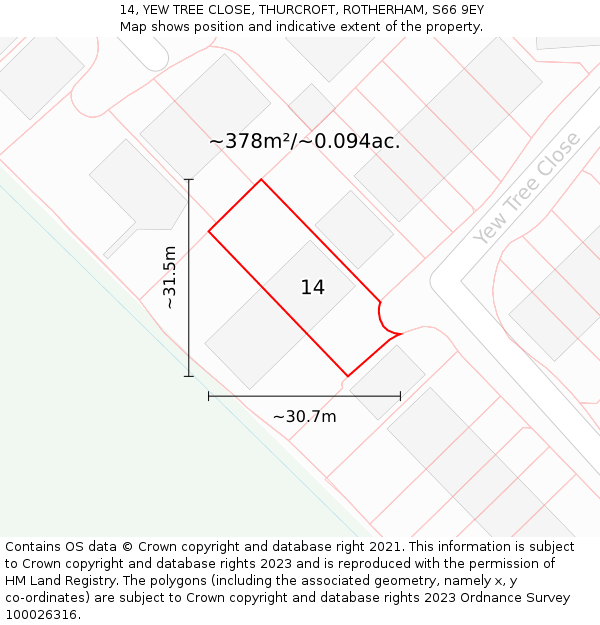 14, YEW TREE CLOSE, THURCROFT, ROTHERHAM, S66 9EY: Plot and title map