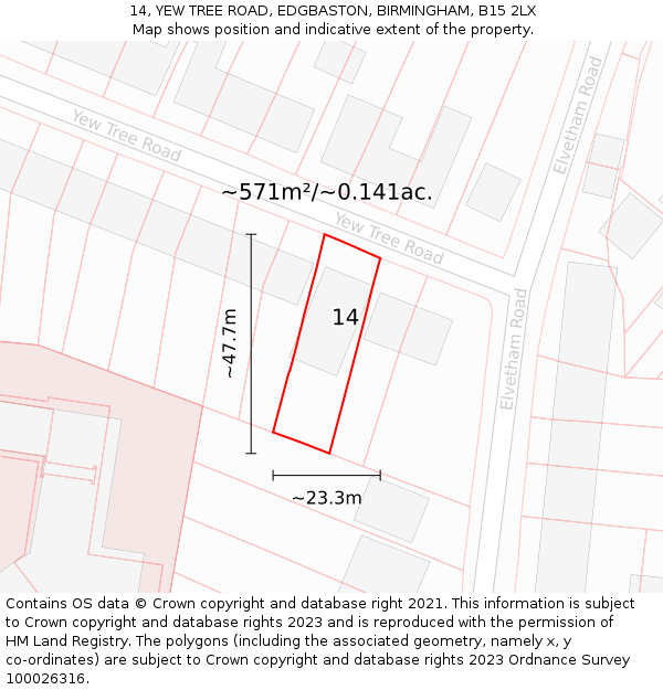 14, YEW TREE ROAD, EDGBASTON, BIRMINGHAM, B15 2LX: Plot and title map
