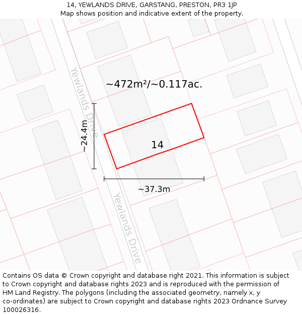 14, YEWLANDS DRIVE, GARSTANG, PRESTON, PR3 1JP: Plot and title map