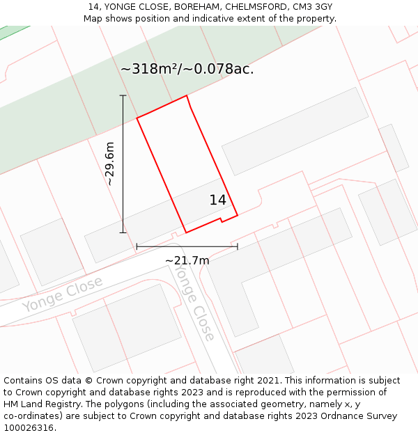 14, YONGE CLOSE, BOREHAM, CHELMSFORD, CM3 3GY: Plot and title map