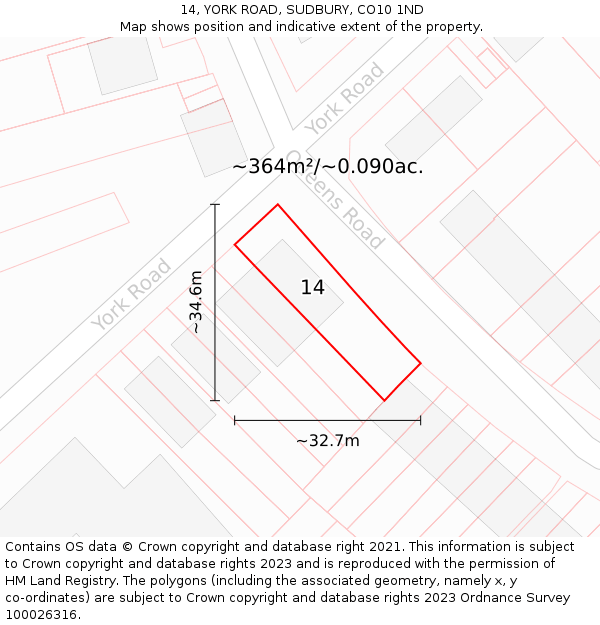 14, YORK ROAD, SUDBURY, CO10 1ND: Plot and title map