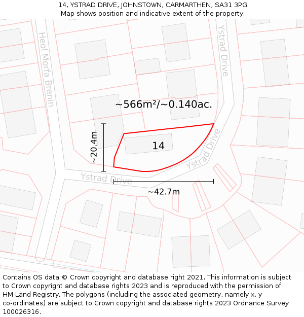 14, YSTRAD DRIVE, JOHNSTOWN, CARMARTHEN, SA31 3PG: Plot and title map