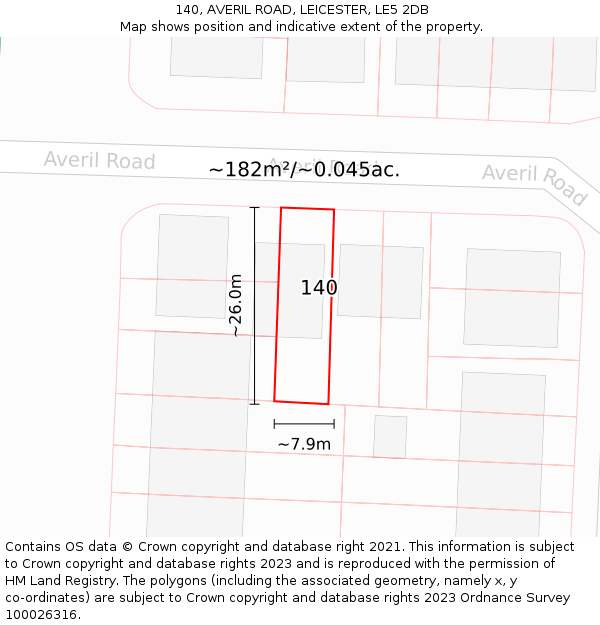 140, AVERIL ROAD, LEICESTER, LE5 2DB: Plot and title map