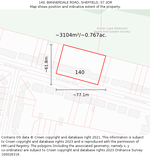 140, BANNERDALE ROAD, SHEFFIELD, S7 2DR: Plot and title map