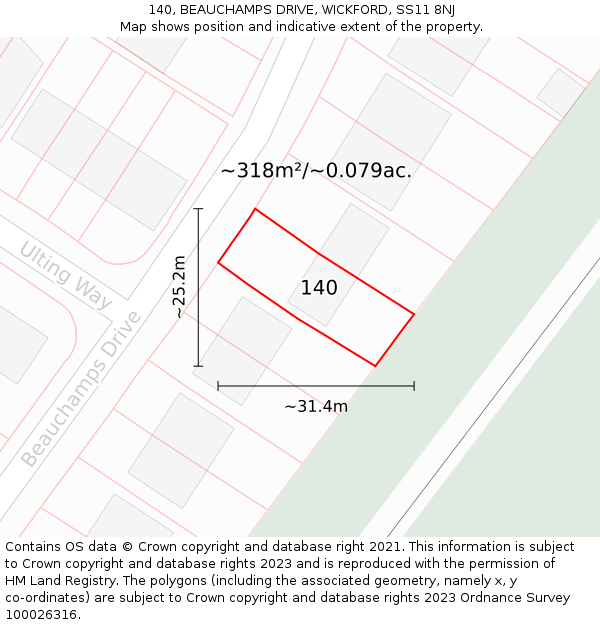 140, BEAUCHAMPS DRIVE, WICKFORD, SS11 8NJ: Plot and title map
