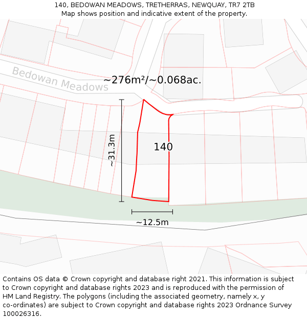 140, BEDOWAN MEADOWS, TRETHERRAS, NEWQUAY, TR7 2TB: Plot and title map