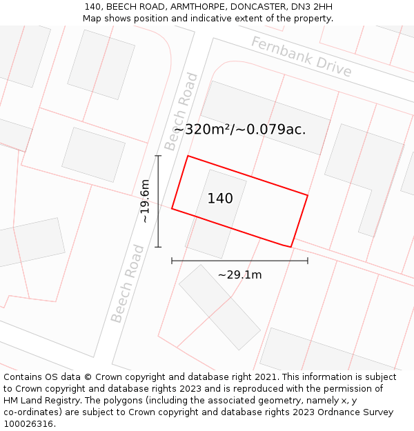 140, BEECH ROAD, ARMTHORPE, DONCASTER, DN3 2HH: Plot and title map