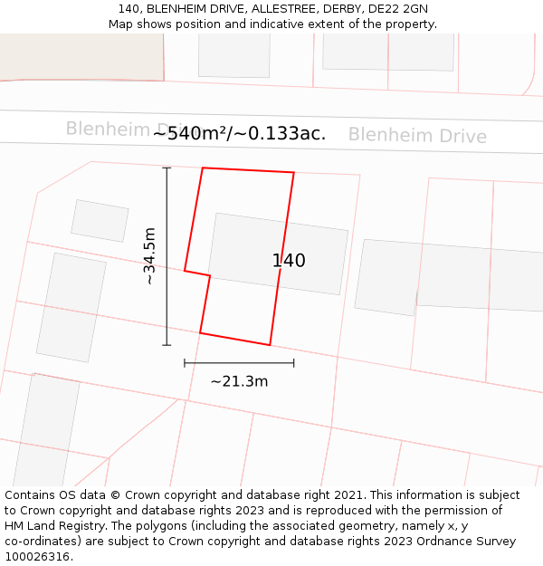 140, BLENHEIM DRIVE, ALLESTREE, DERBY, DE22 2GN: Plot and title map