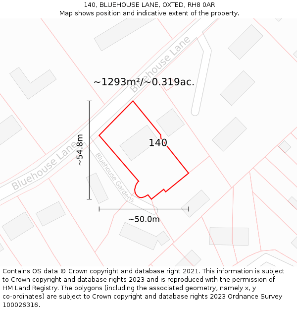 140, BLUEHOUSE LANE, OXTED, RH8 0AR: Plot and title map