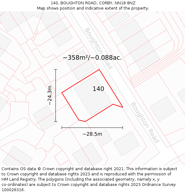 140, BOUGHTON ROAD, CORBY, NN18 8NZ: Plot and title map