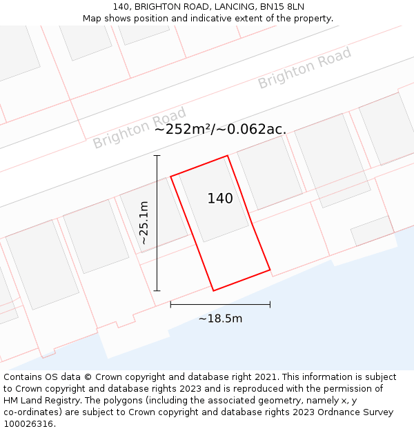 140, BRIGHTON ROAD, LANCING, BN15 8LN: Plot and title map